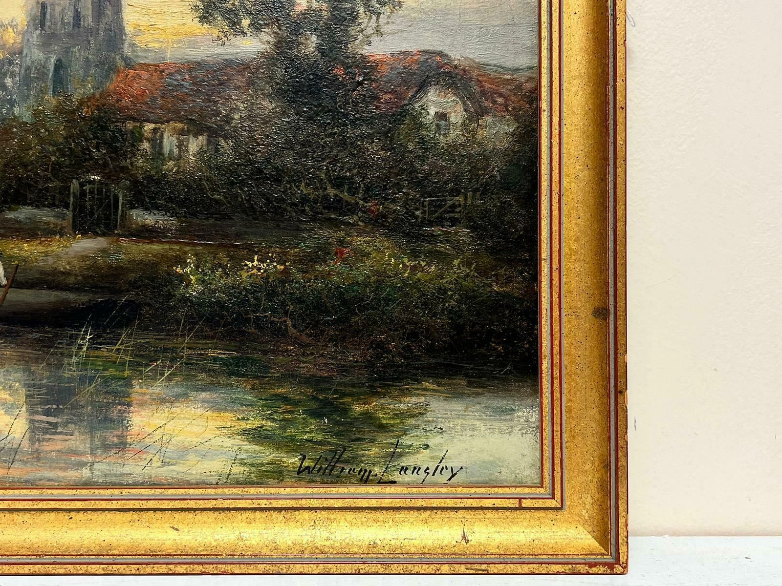William Langleyfine Edwardian English Oil Painting River Landscape With Church At Sunset photo for sale