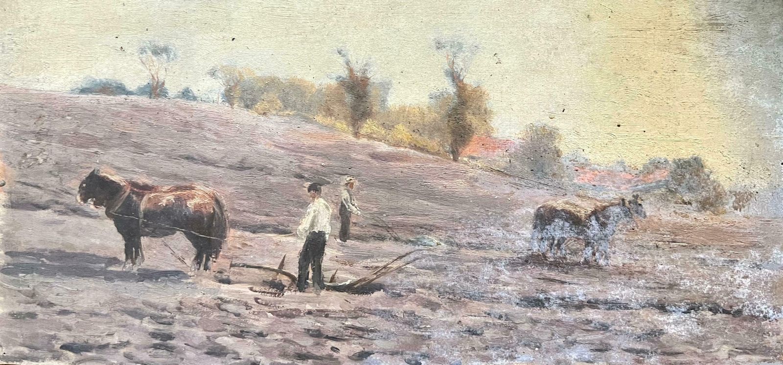 Antique English Antique Victorian English Oil Horses Harvesting With The Farmers