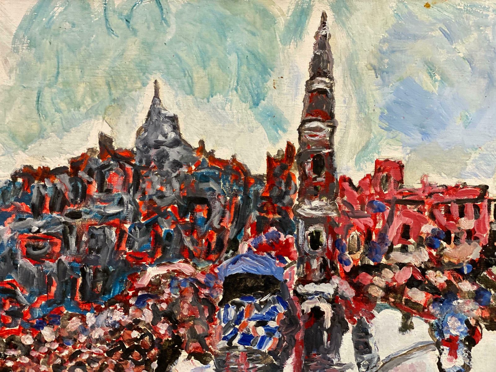 French Expressionistcolorful French Expressionist/ Fauvist Oil Painting Busy City Square  Figures photo furniture