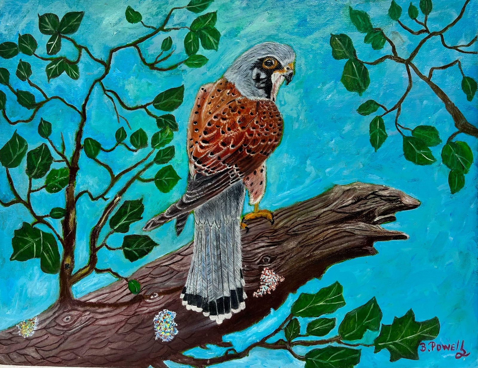 Ben Powellbird Of Prey In Tree Against Blue Sky Contemporary British Painting