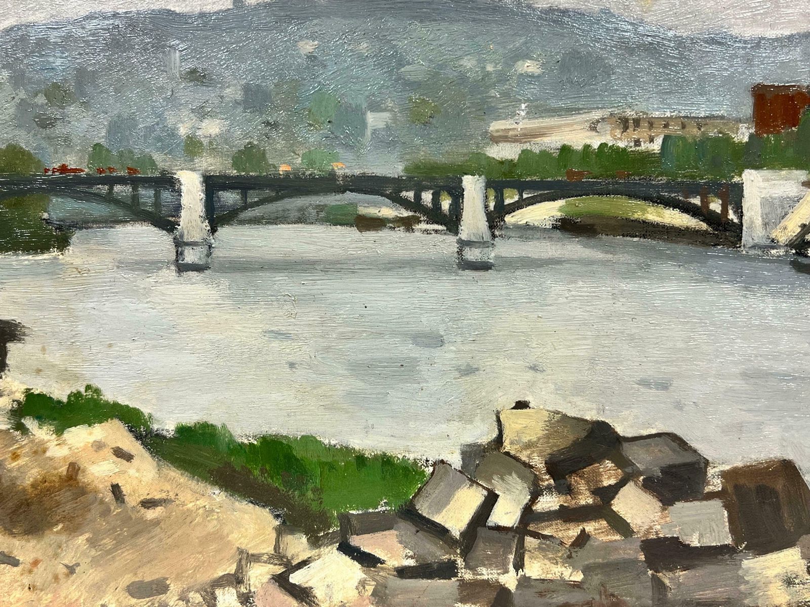 Rene Dureyearly 20th Century French Impressionist Signed Oil Industrial River Landscape photo for sale