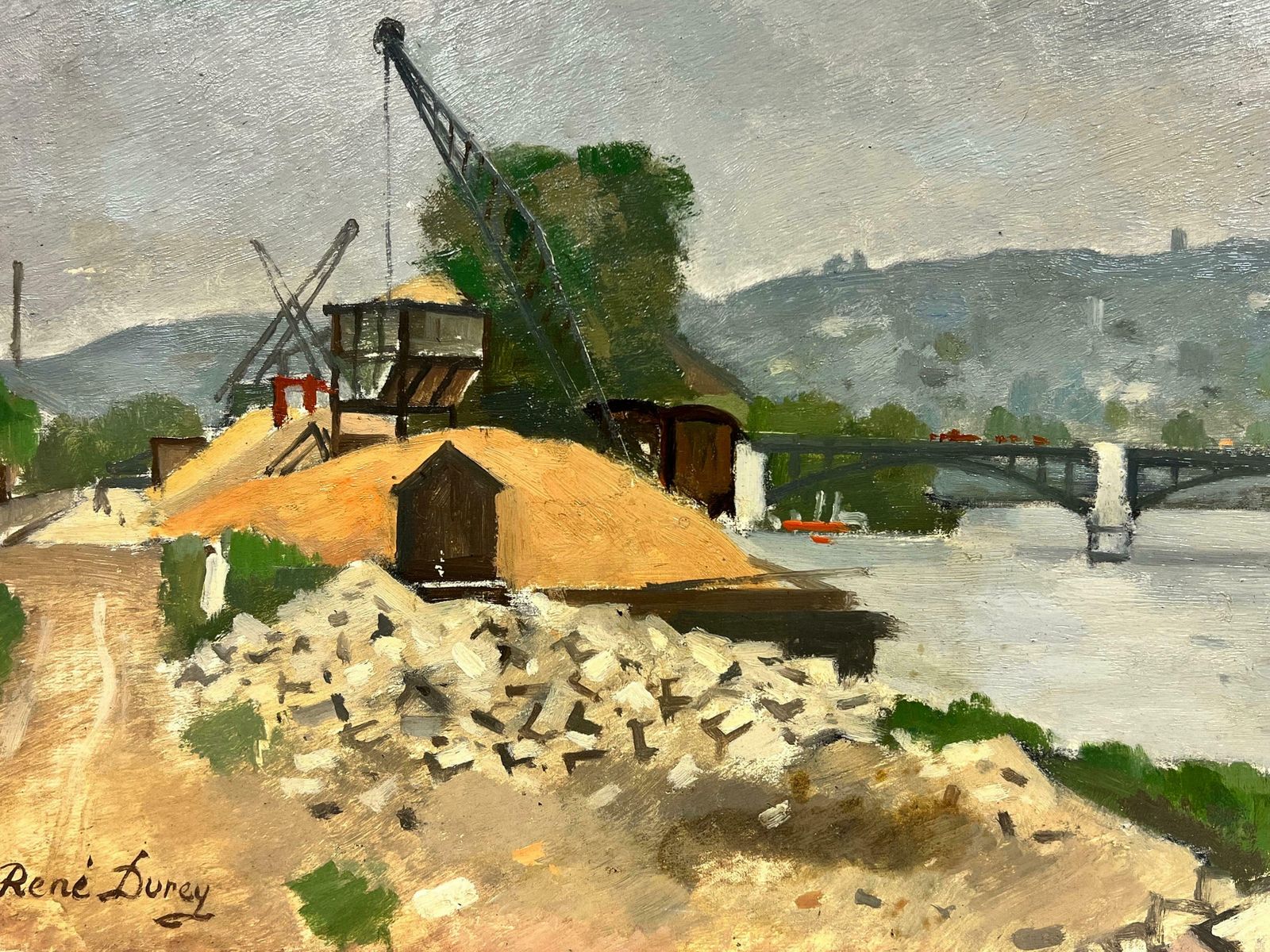Rene Dureyearly 20th Century French Impressionist Signed Oil Industrial River Landscape photo Art