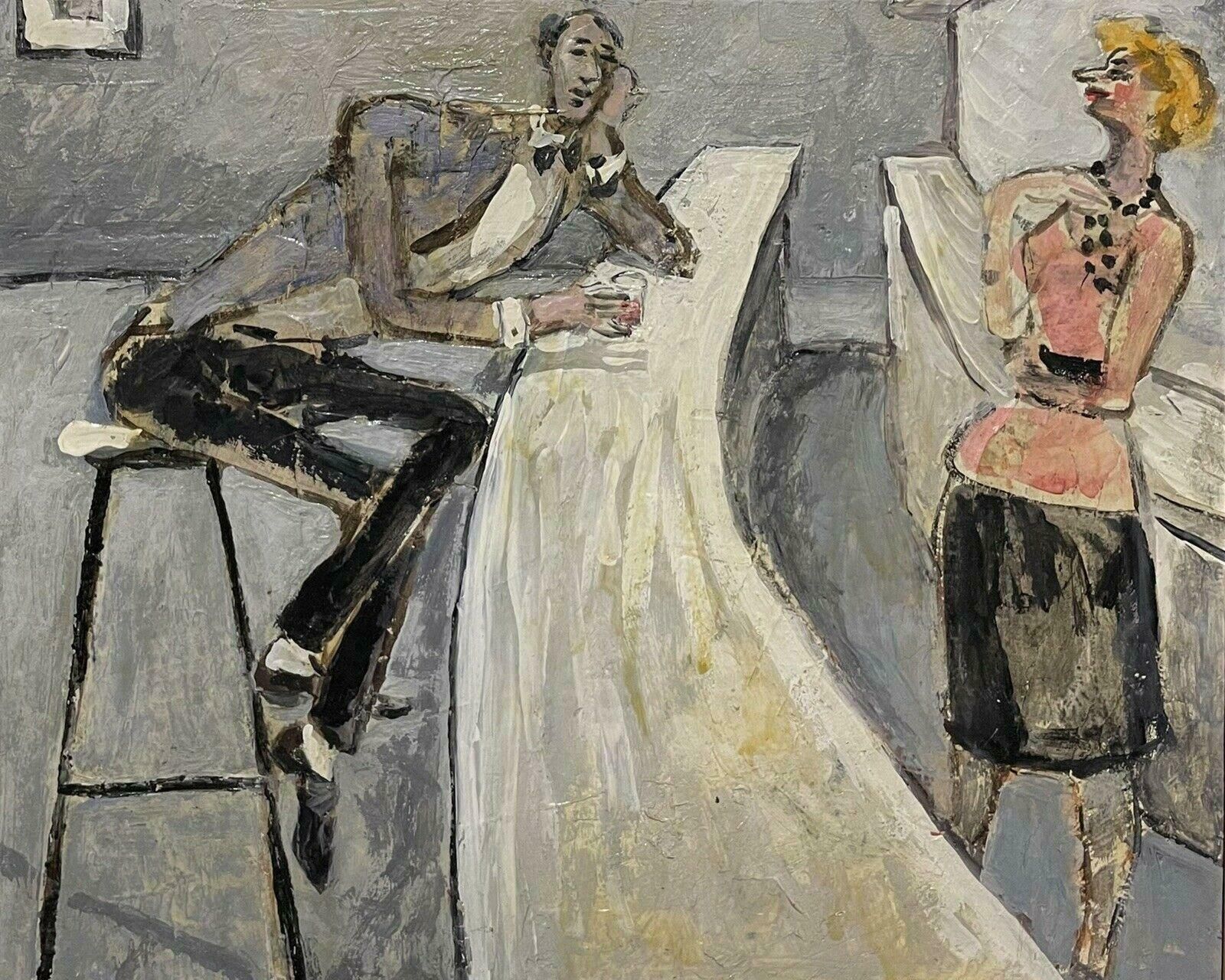 Unknownthe Bar Drinker, Signed French Modernist Oil Painting   Man At Bar With Barmaid