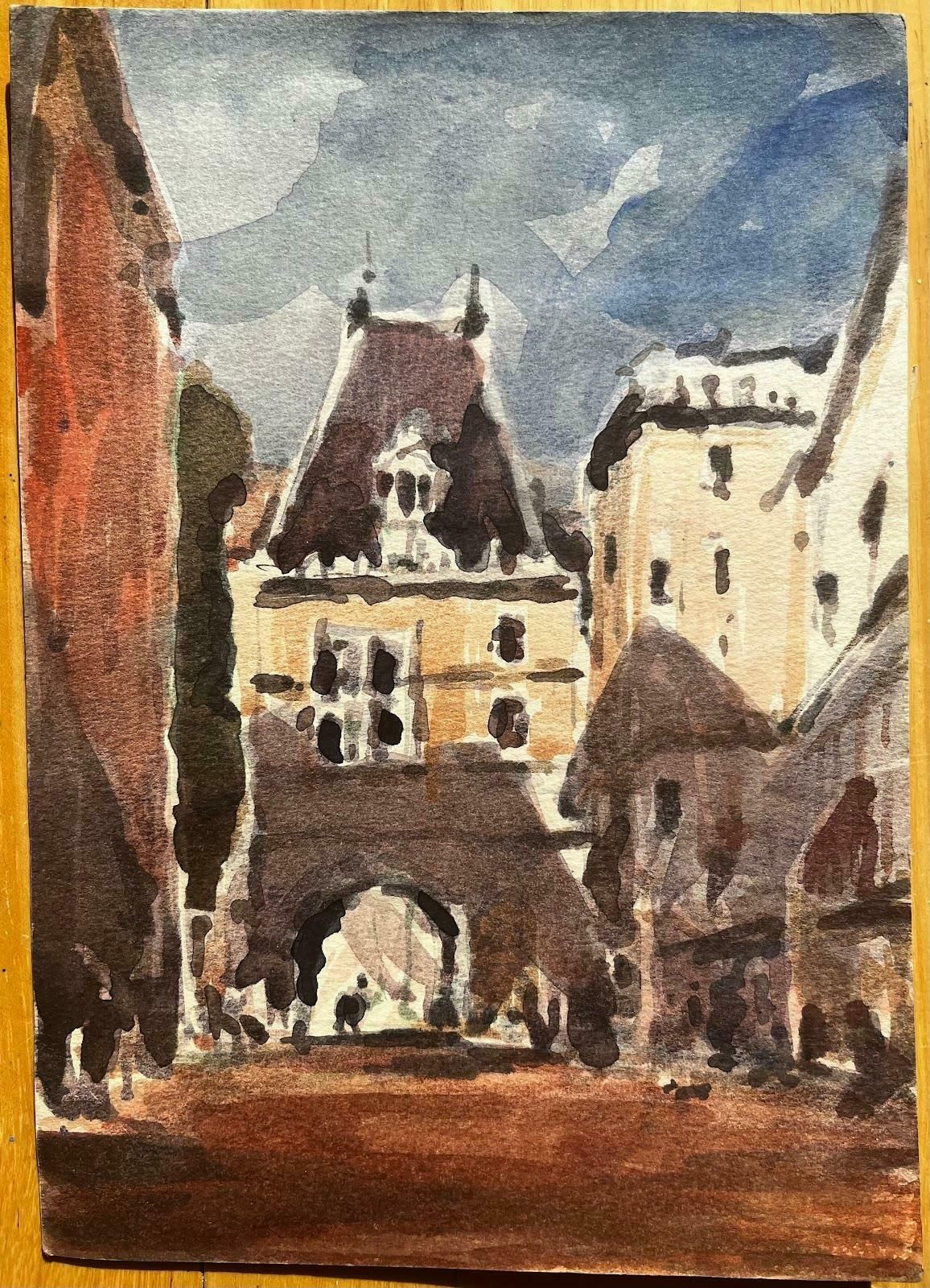 Unknownfrench Impressionist Watercolor Landscape Stone Archway In Quaint French Town20th Century