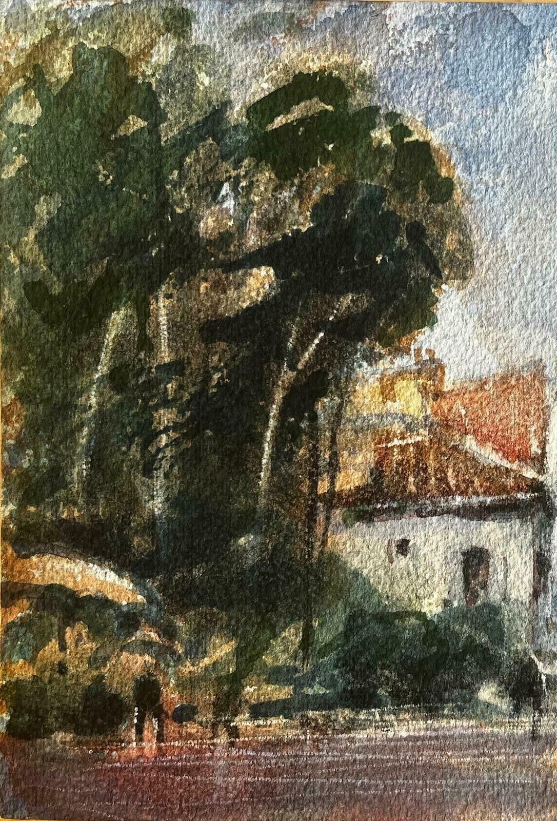 Unknownfrench Impressionist Watercolor Landscape   “Sunny Village Street With Figures"20th Century photo for sale