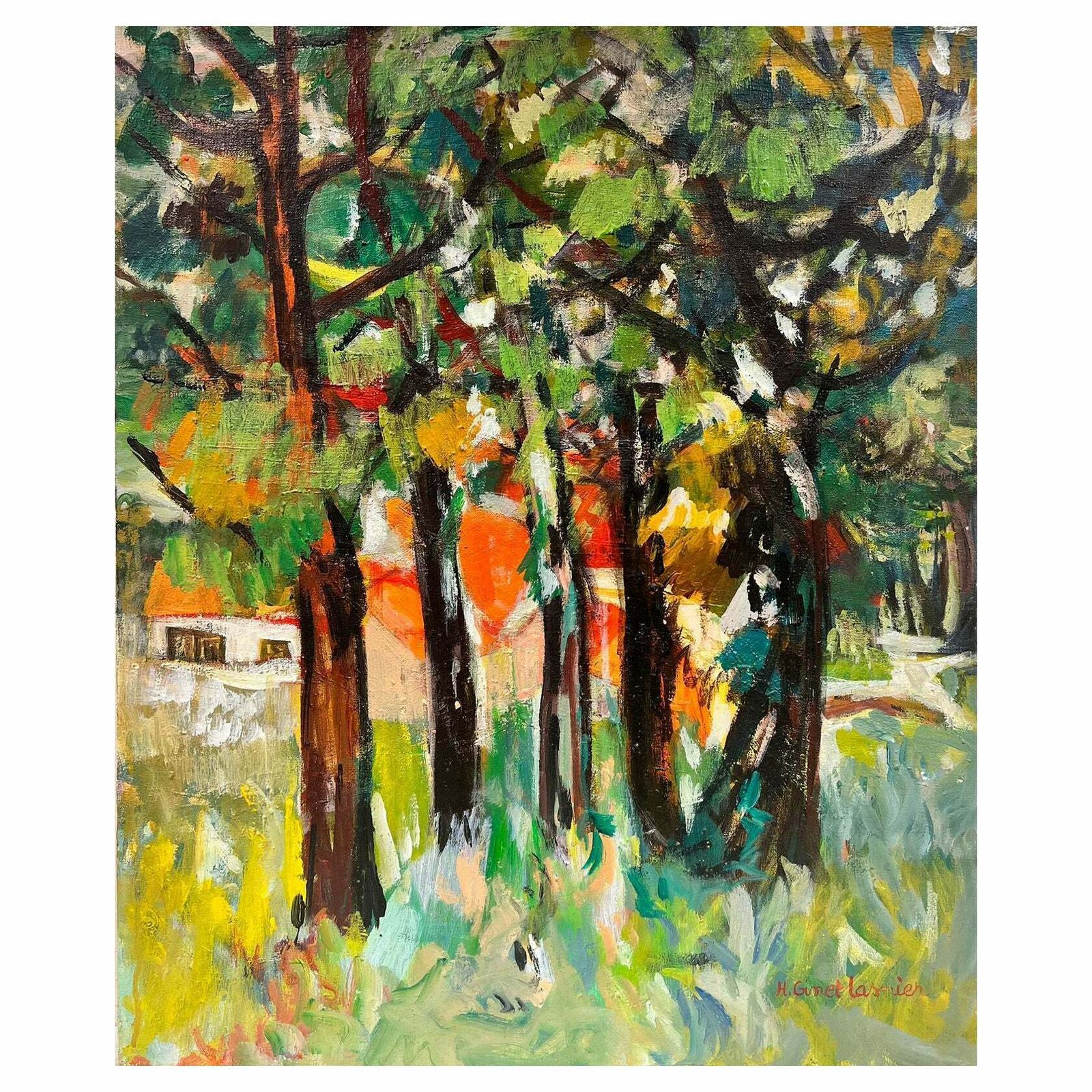 Huguette Ginet Lasnier 20th Century French Post Impressionist Oil Golden Light Autumn Trees Landscapec. 2000's