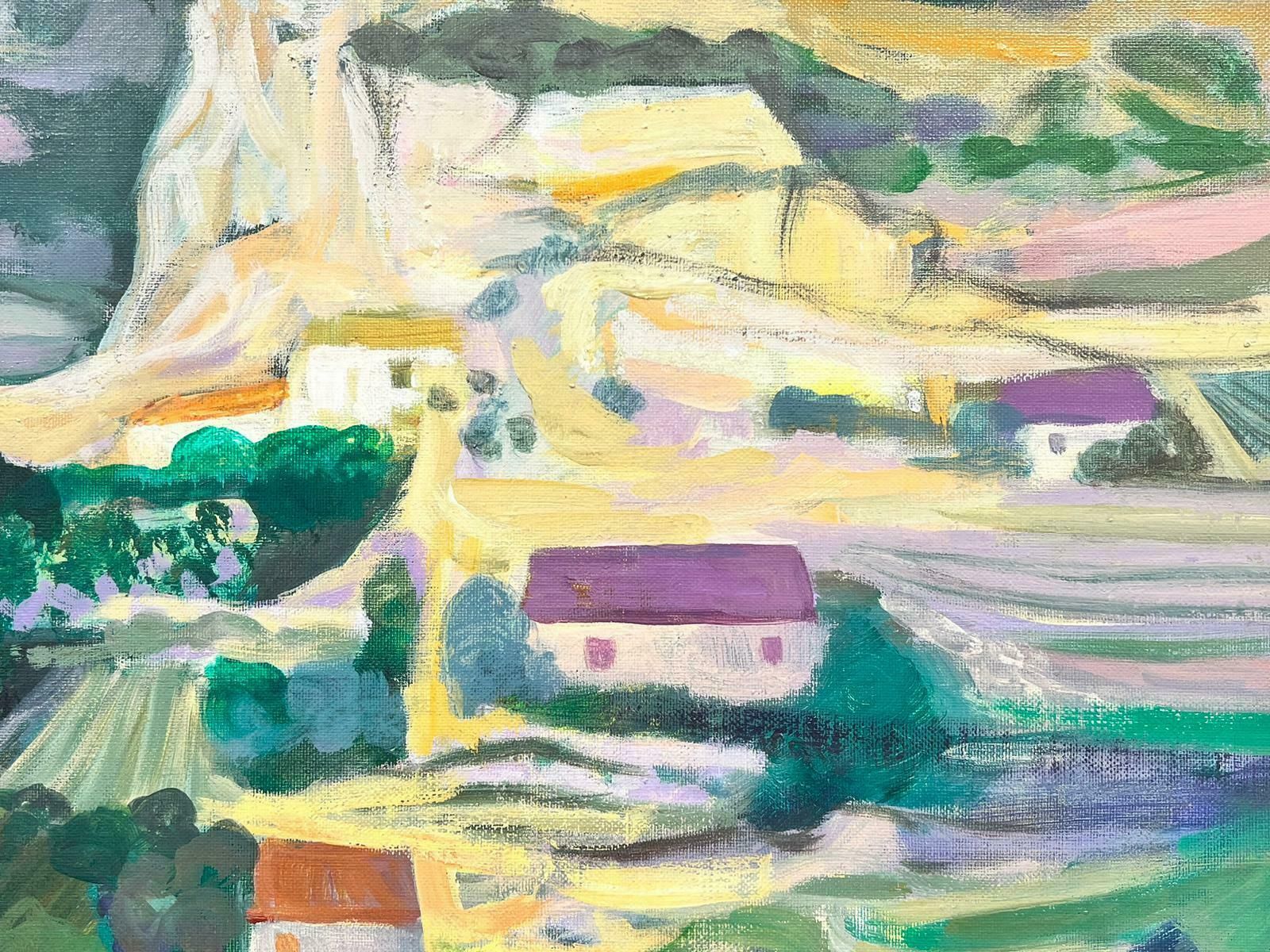 Huguette Ginet Lasnier French Modernist Signed Oil Purple Roof Villages In Dordogne French Landscapec. 2000's photo furniture