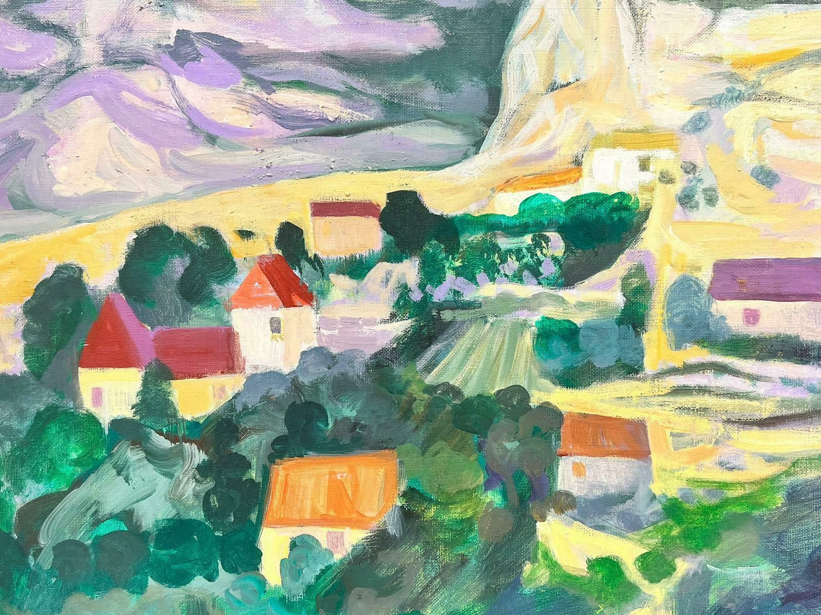 Huguette Ginet Lasnier French Modernist Signed Oil Purple Roof Villages In Dordogne French Landscapec. 2000's photo for sale