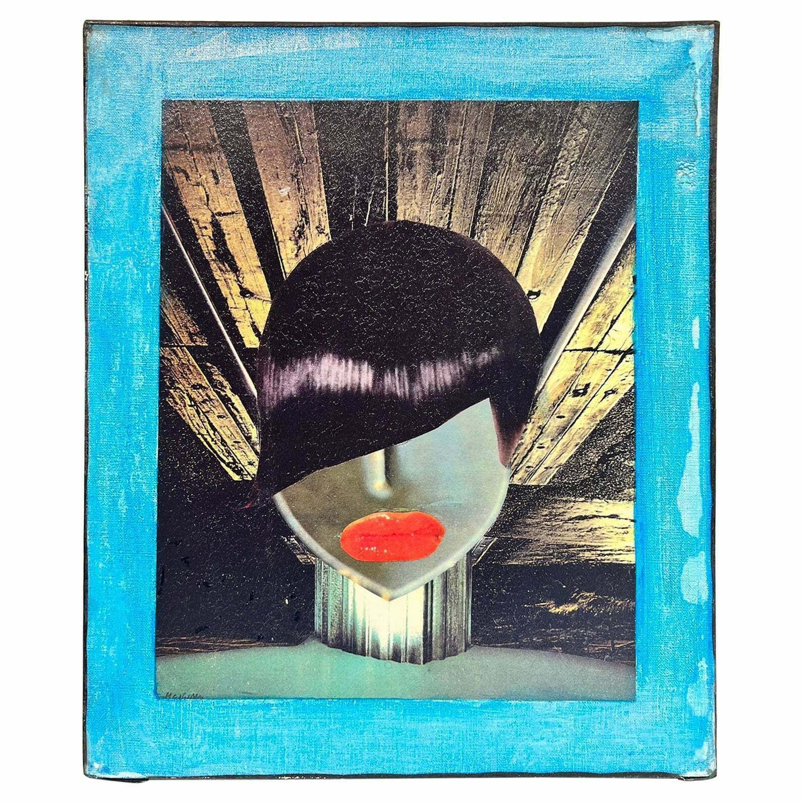 French School1980's French Abstract Original Artwork Collage Painting Portrait Womens Face