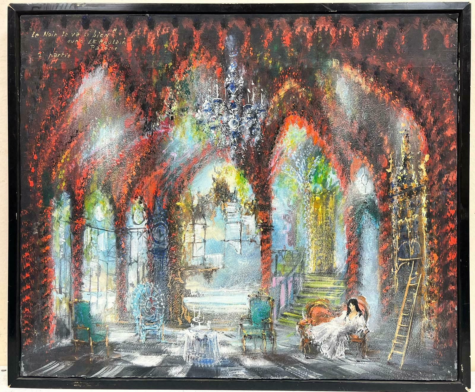 French Schoolsigned French Theatrical Stage Scene Painting Elegant Lady Interior Ballgown photo furniture