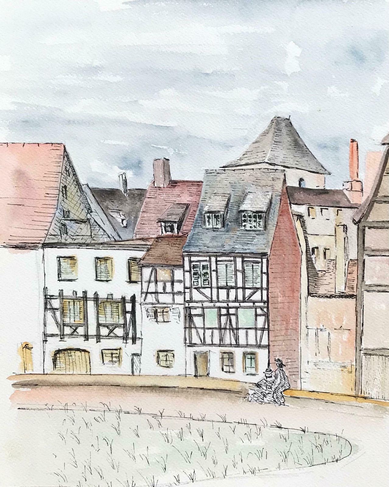 Bernard Labbe1950's Modernist/ Cubist Painting   The Couple Admiring The French Town1950's