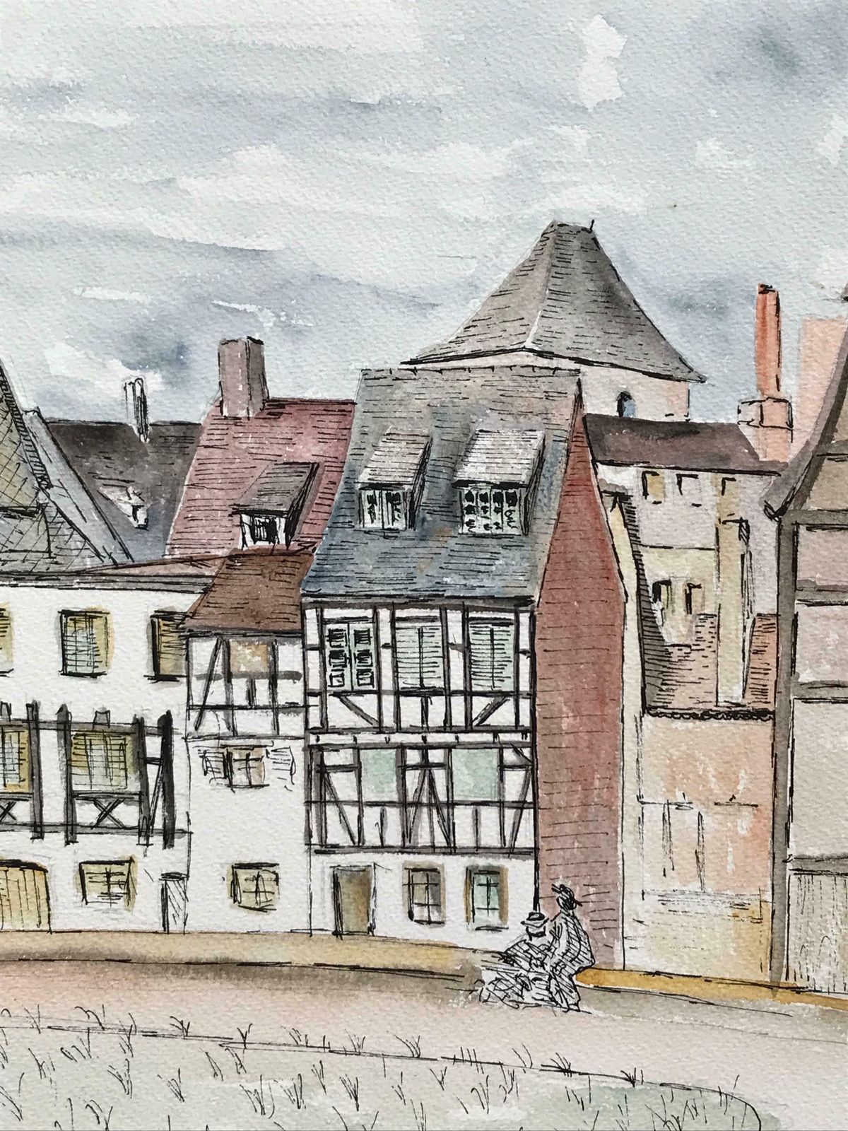 Bernard Labbe1950's Modernist/ Cubist Painting   The Couple Admiring The French Town1950's photo furniture