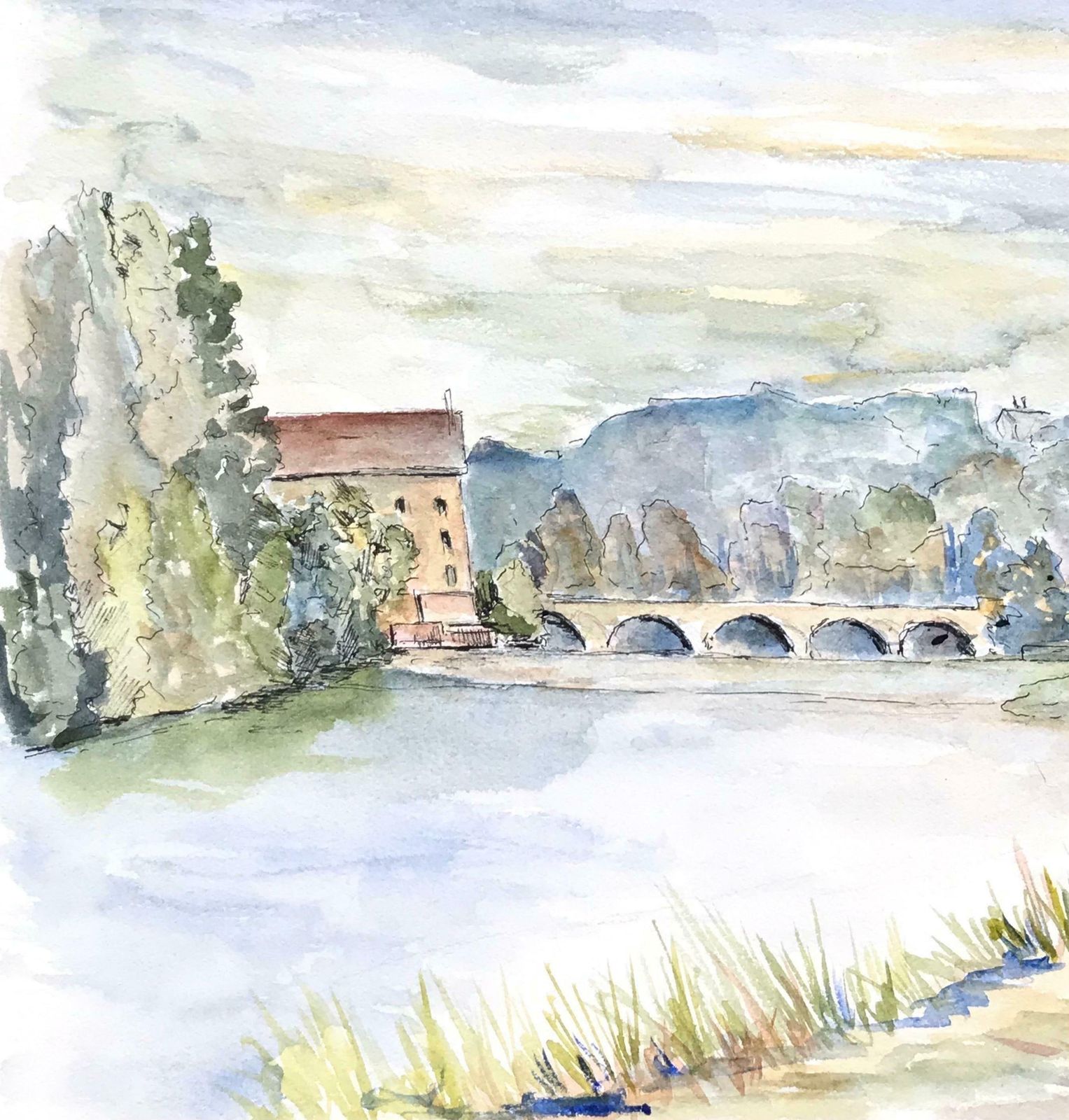 Bernard Labbe1950's Modernist/ Cubist Painting   Peaceful French Bridge Landscape1950's photo for sale