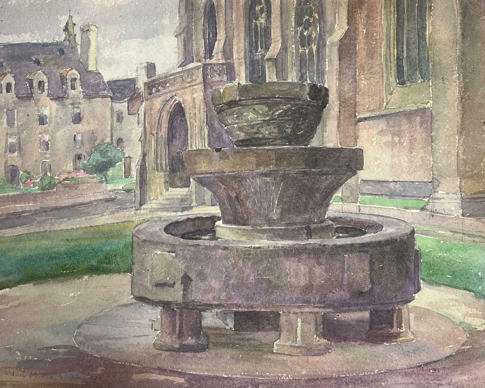 Y. Blanchon1930's French Watercolour Brown Water Well Church Village Landscape 1930's