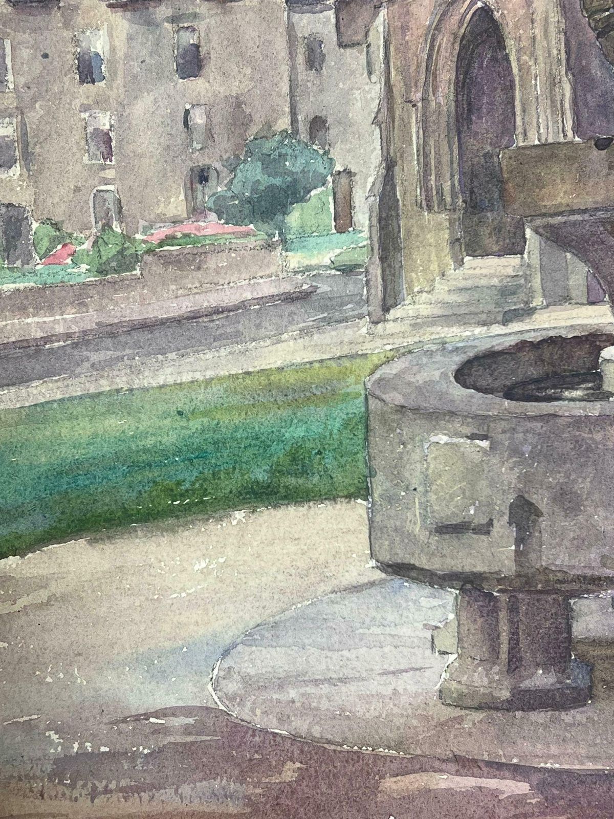 Y. Blanchon1930's French Watercolour Brown Water Well Church Village Landscape 1930's photo for sale