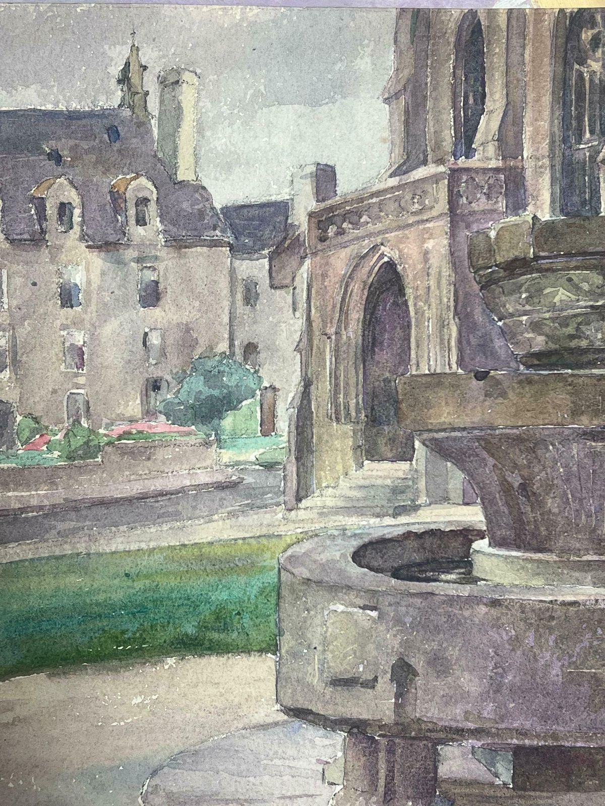 Y. Blanchon1930's French Watercolour Brown Water Well Church Village Landscape 1930's photo Art