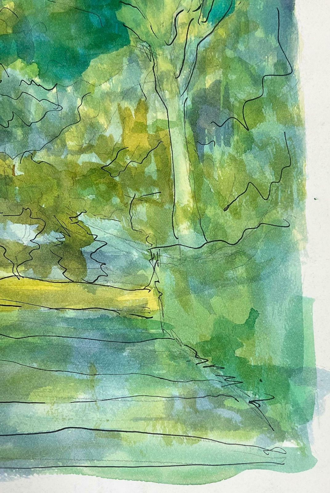 Bernard Labbe1950's Modernist Painting Bright Watercolour Chateau In Green And Blue Forest1950's photo for sale
