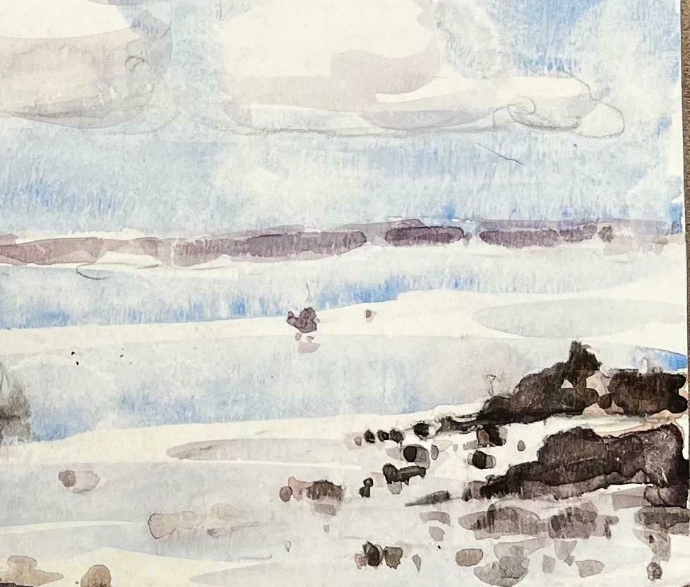 Unknownfrench Impressionist Watercolor Landscape   Rocky Shoreline Looking Out To Sea20th Century photo for sale