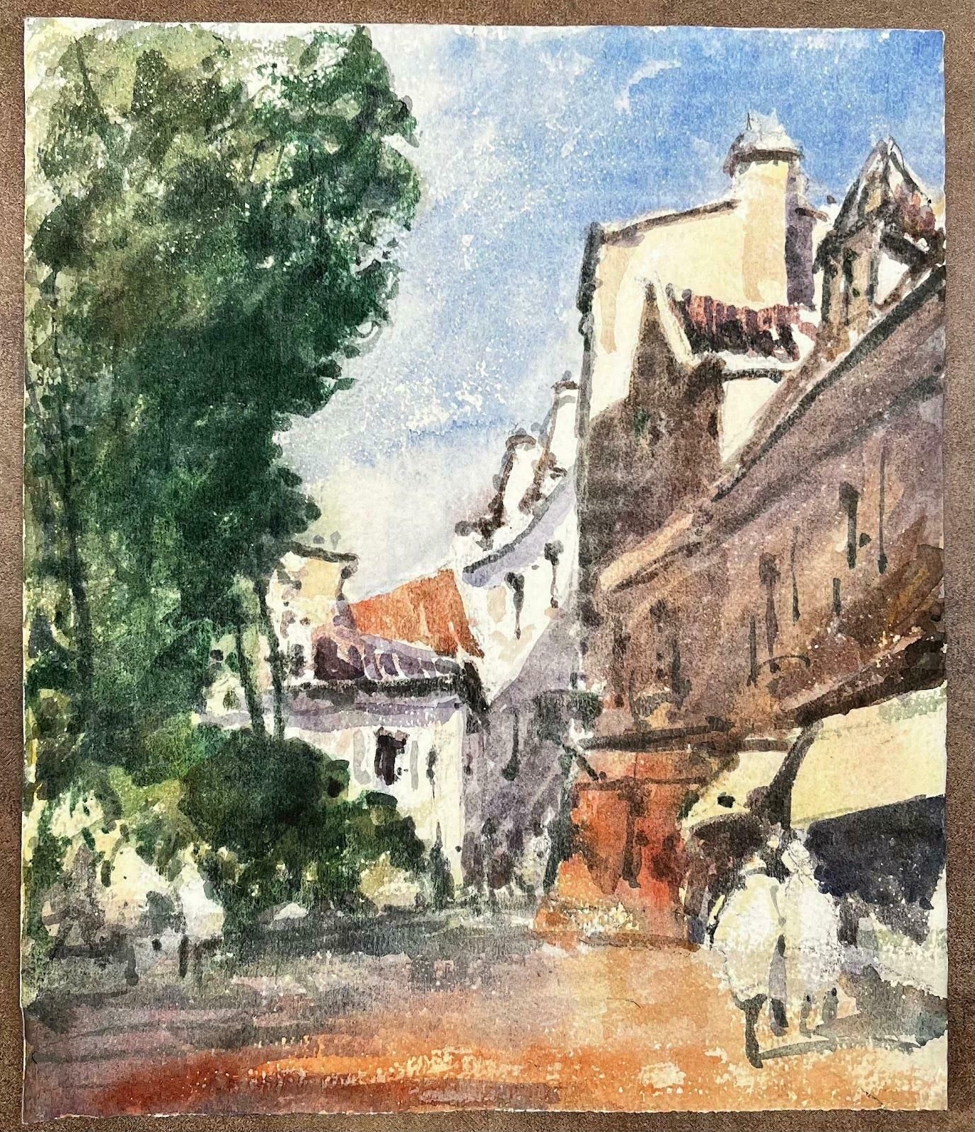 Unknownfrench Impressionist Watercolor Landscape   Couple Wandering Down Village Street20th Century