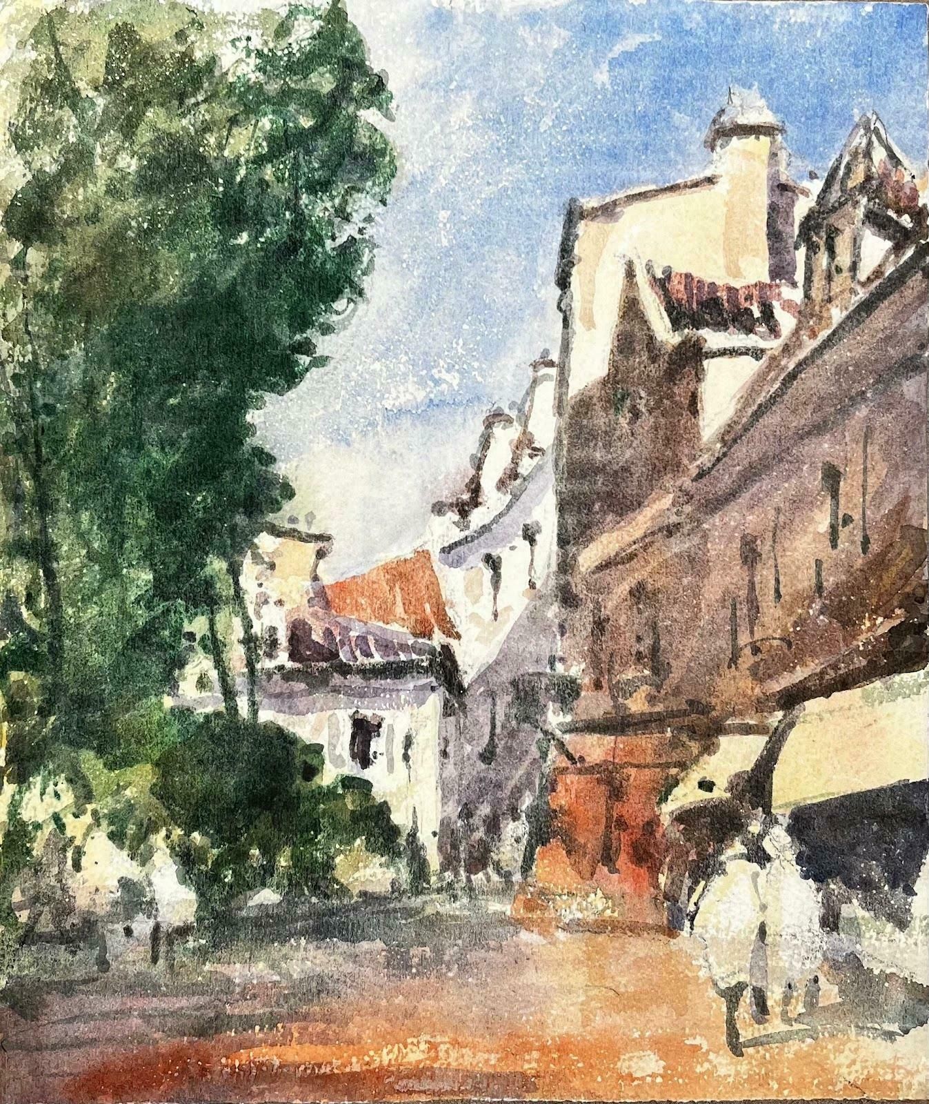 Unknownfrench Impressionist Watercolor Landscape   Couple Wandering Down Village Street20th Century photo furniture