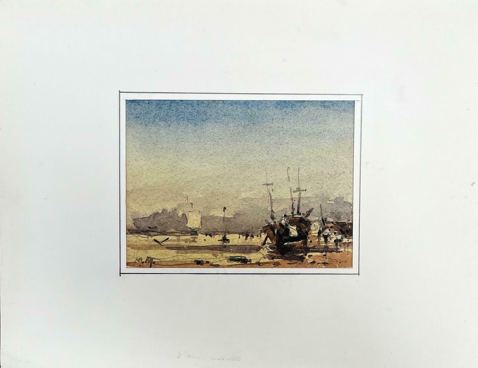 Unknownfrench Impressionist Watercolor Landscape   "Sailboats On The Shore At Low Tide"20th Century photo furniture