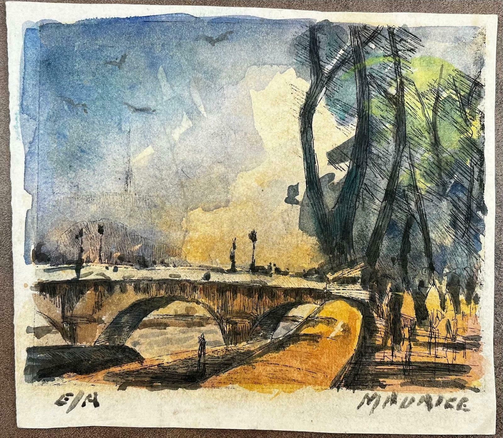 Unknownfrench Impressionist Watercolor Landscape Paris River Bridge Scene With Trees20th Century photo furniture