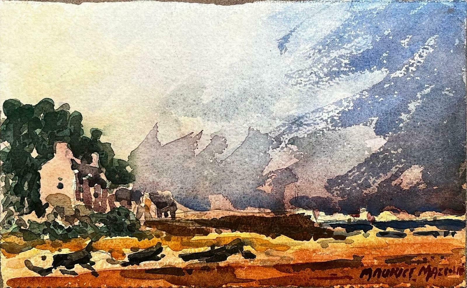 Unknownfrench Impressionist Watercolor Landscape Seaside Village Overlooking The Bay20th Century photo furniture