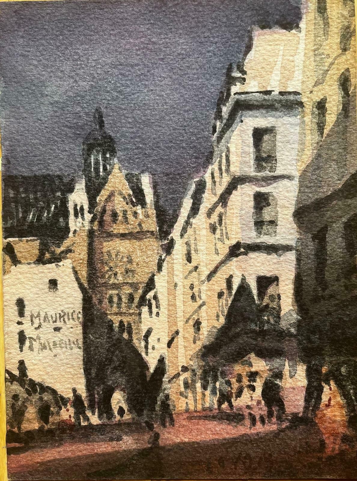 Unknownfrench Impressionist Watercolor Landscape Busy City Street With Figures20th Century photo furniture