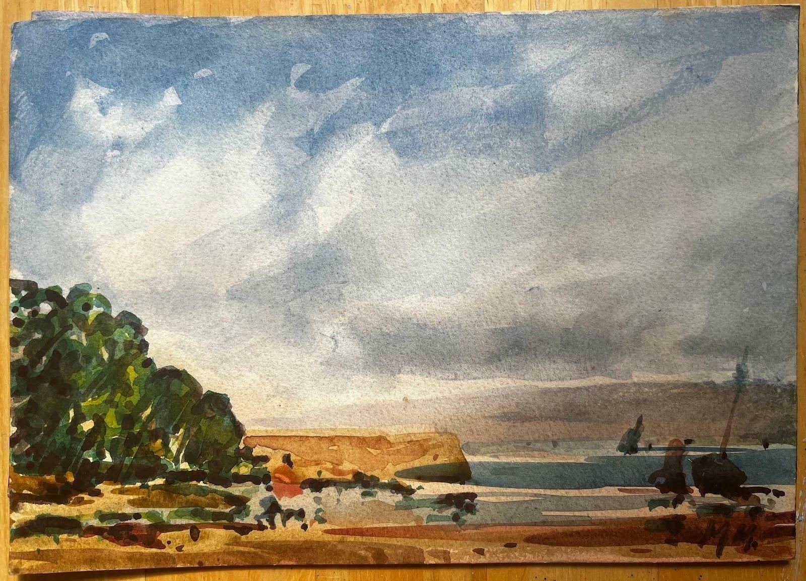 Unknownfrench Impressionist Landscape   Coastal Village With Boat And Figures20th Century photo furniture