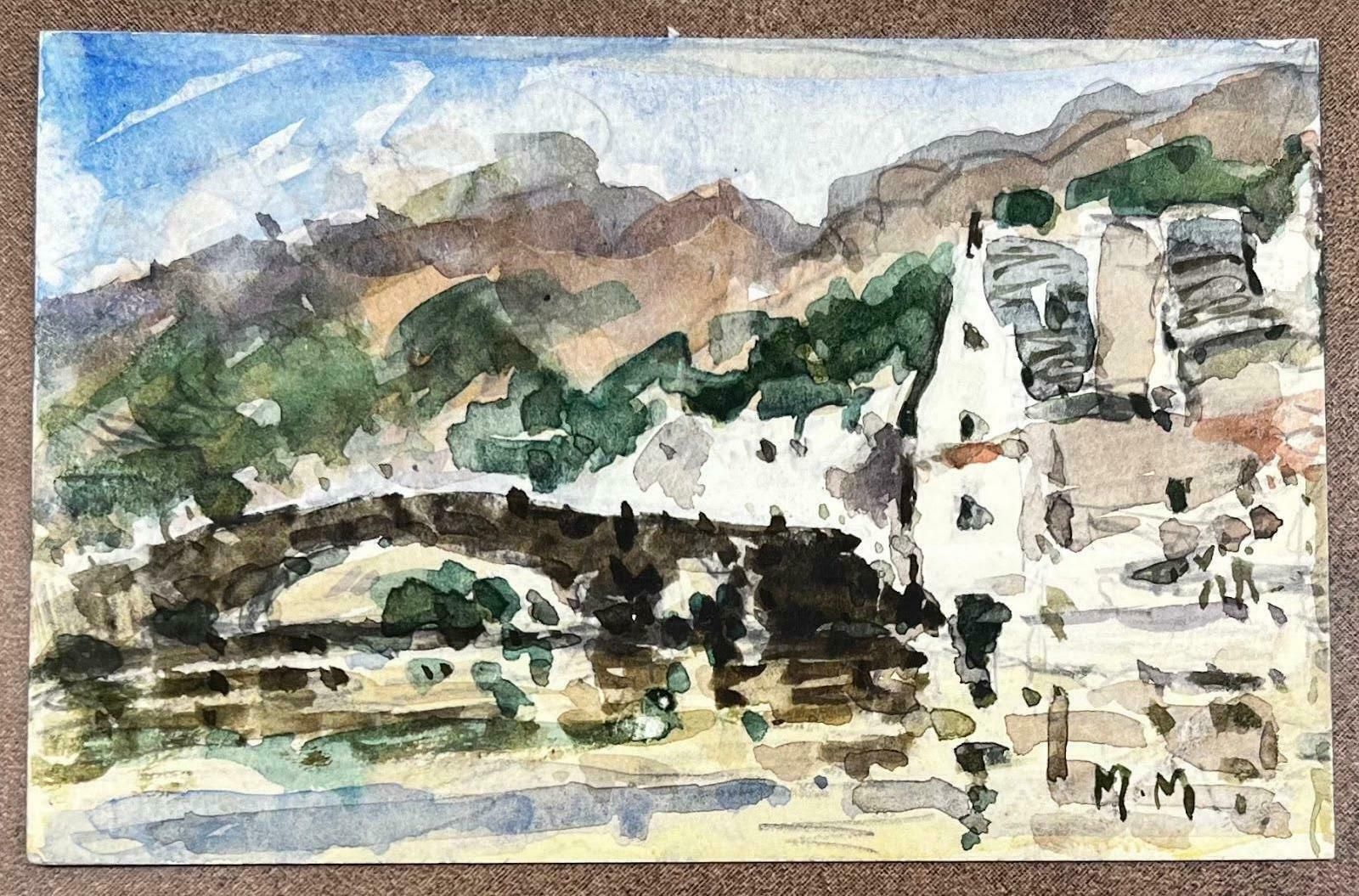 Unknownfrench Impressionist Watercolor Landscape Mountainous With Village And Bridge20th Century