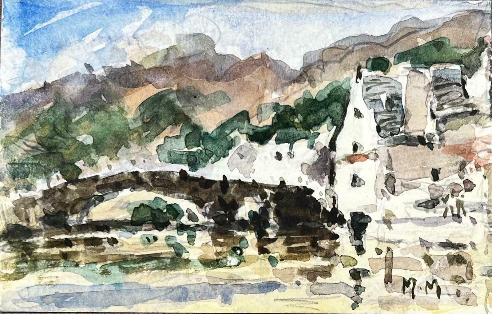 Unknownfrench Impressionist Watercolor Landscape Mountainous With Village And Bridge20th Century photo furniture