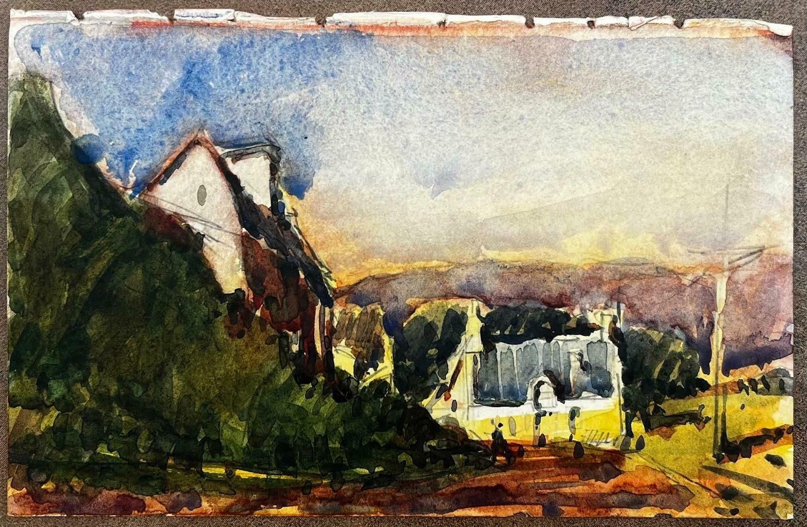 Unknownfrench Impressionist Watercolor Landscape Village Scene Upon A Hilltop20th Century