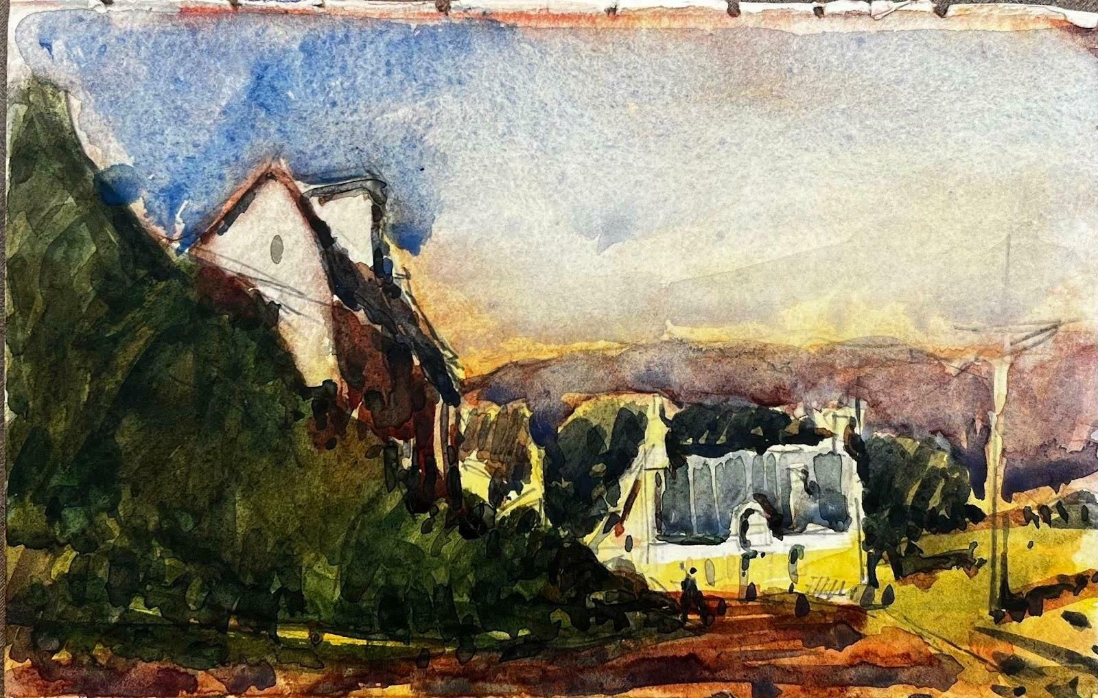 Unknownfrench Impressionist Watercolor Landscape Village Scene Upon A Hilltop20th Century photo furniture