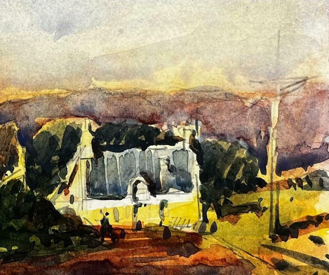 Unknownfrench Impressionist Watercolor Landscape Village Scene Upon A Hilltop20th Century photo for sale
