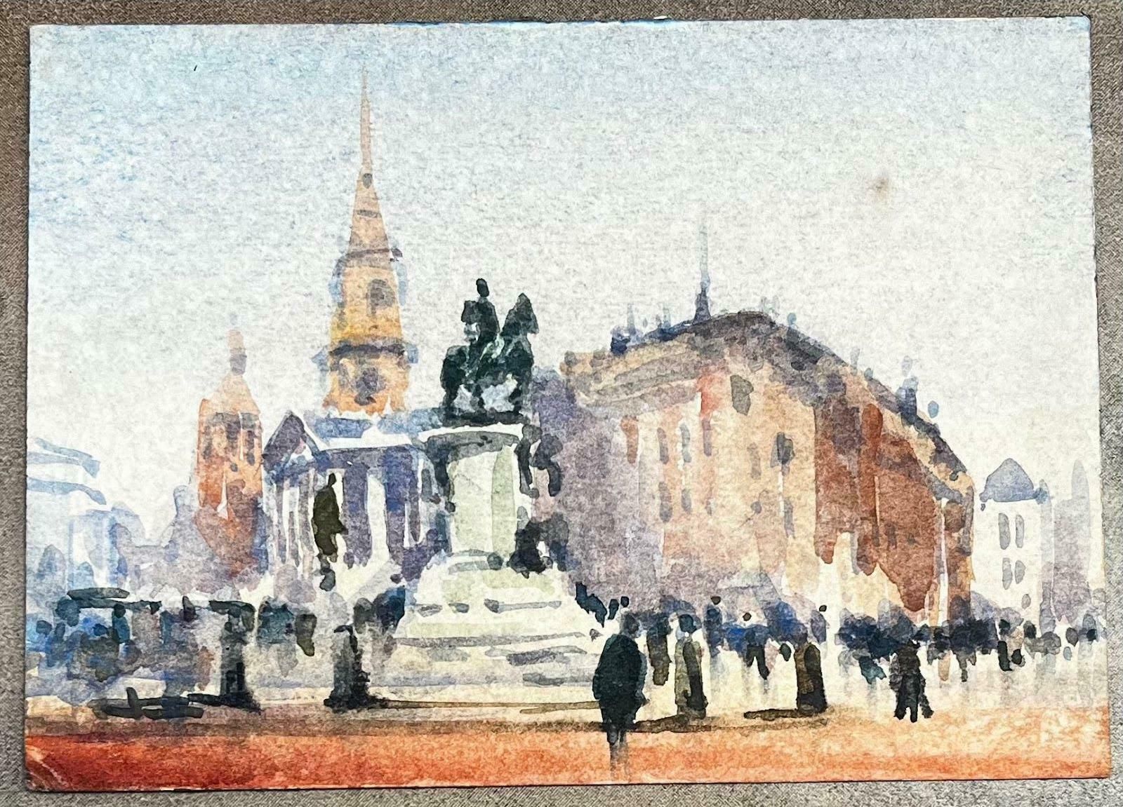 Unknownfrench Impressionist Watercolor Landscape City Square With Equestrian Statue20th Century