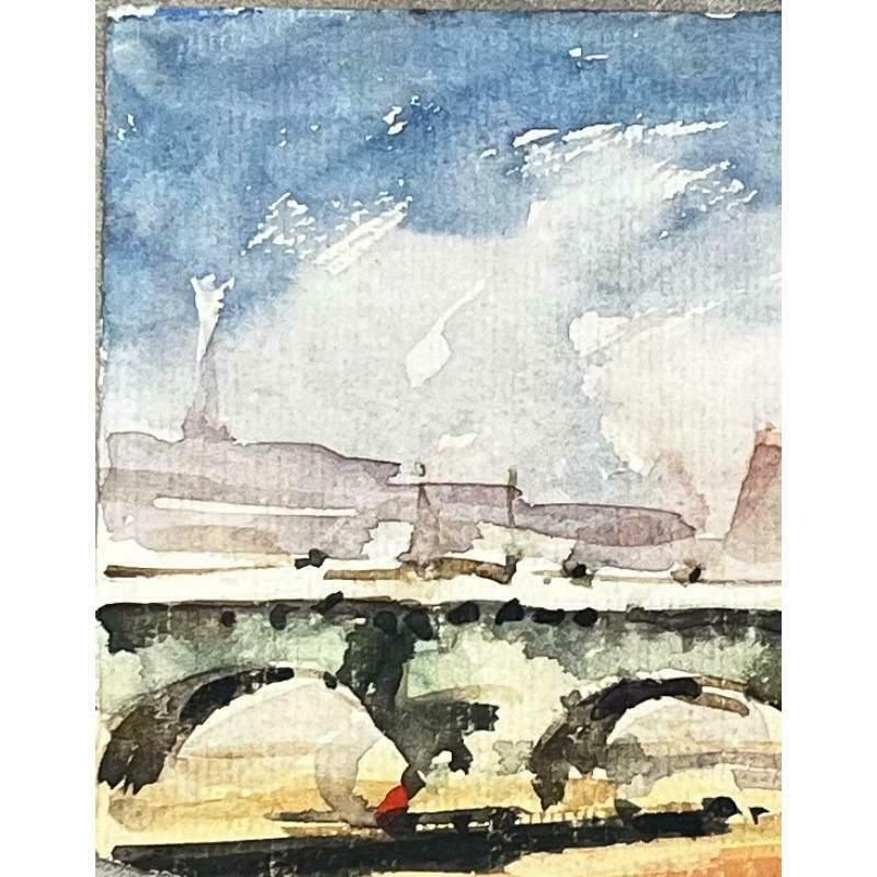 Unknownfrench Impressionist Watercolor Landscape Paris River Bridge Landscape20th Century photo for sale