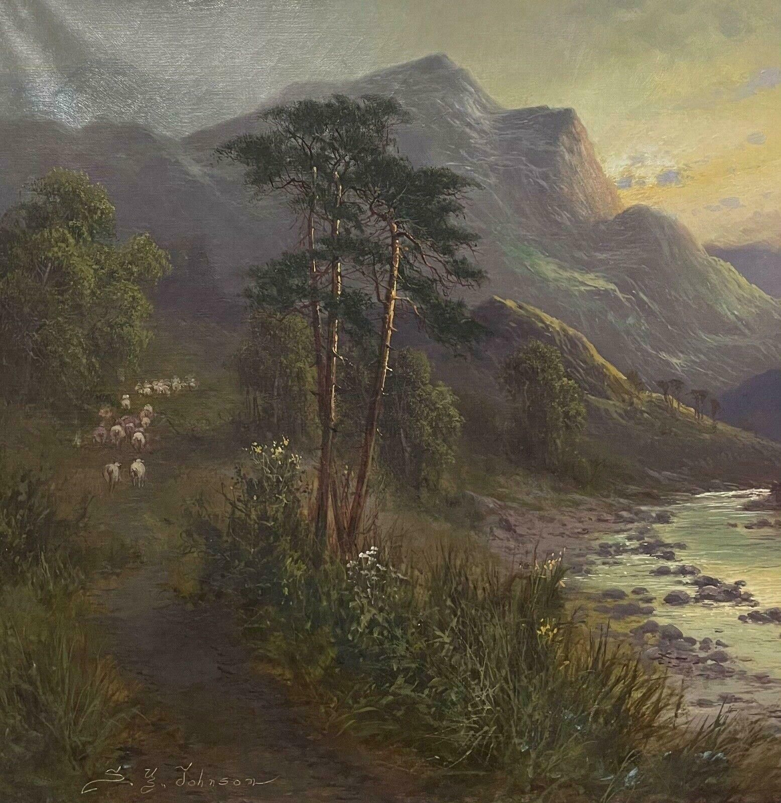 Sidney Yates Johnsonlarge Antique Scottish Highland Landscape Oil Painting Sheep In River Valleyc. 1900 photo for sale