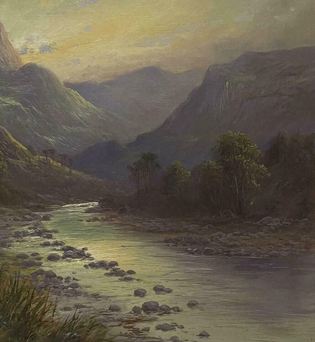 Sidney Yates Johnsonlarge Antique Scottish Highland Landscape Oil Painting Sheep In River Valleyc. 1900 photo vinterior