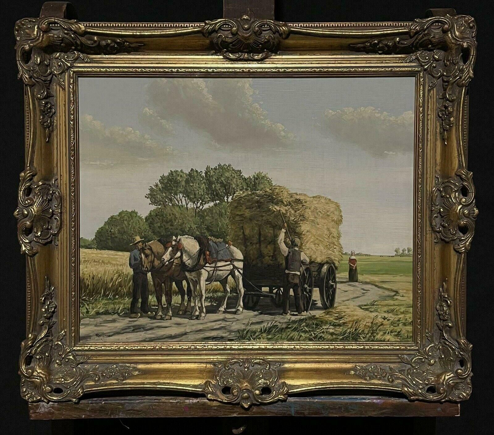 Dutch Schoolharvest Scene Horses Pulling The Hay Cart Home, Rural Oil Painting, Signed photo furniture