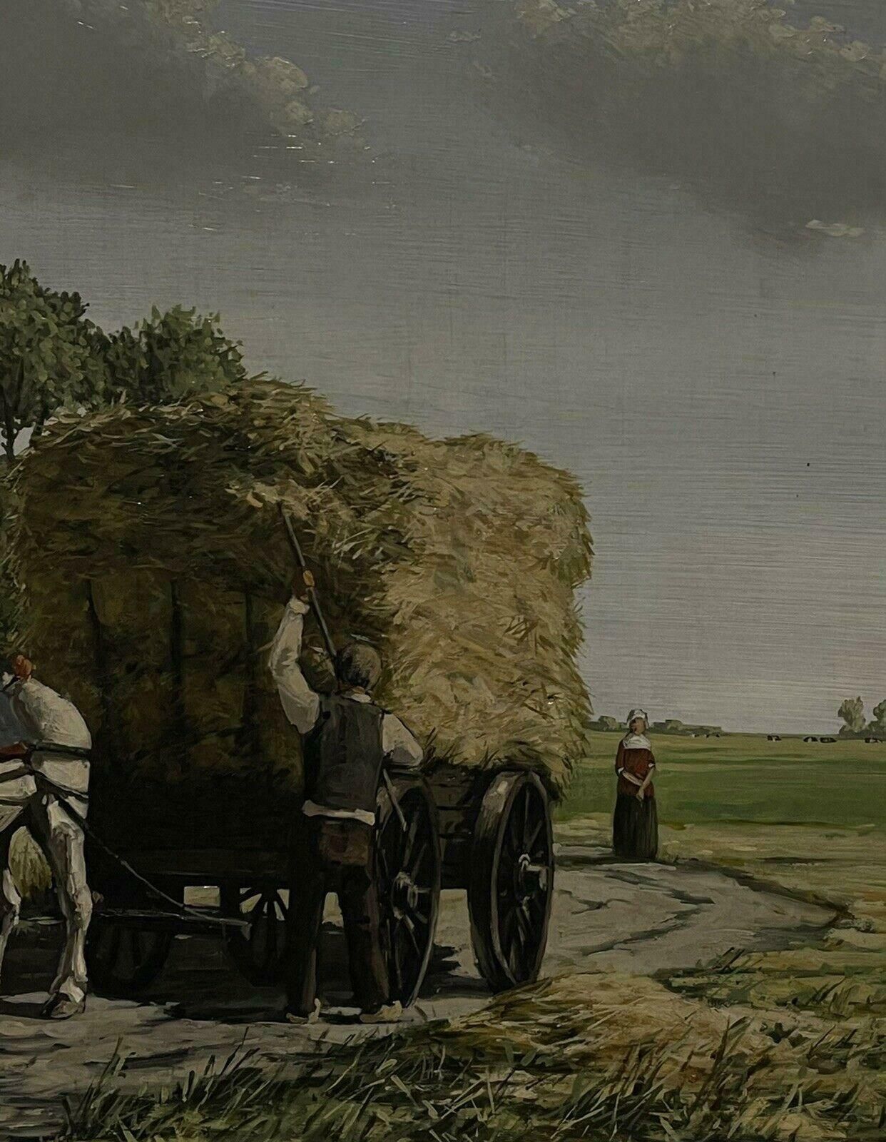 Dutch Schoolharvest Scene Horses Pulling The Hay Cart Home, Rural Oil Painting, Signed photo 1226.0