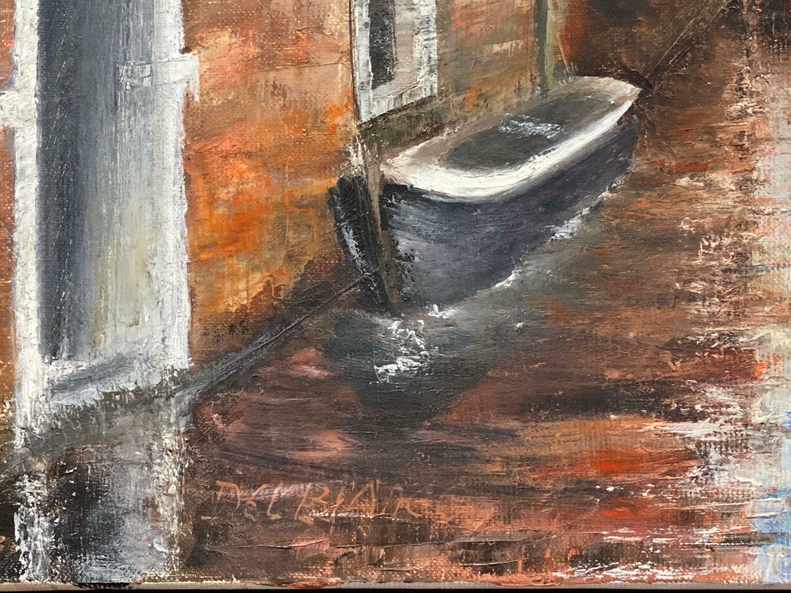 Louis Del Bianco (B.1925venice Tranquil Canal Backwater, Original Oil Painting On Canvas20th Century photo vinterior