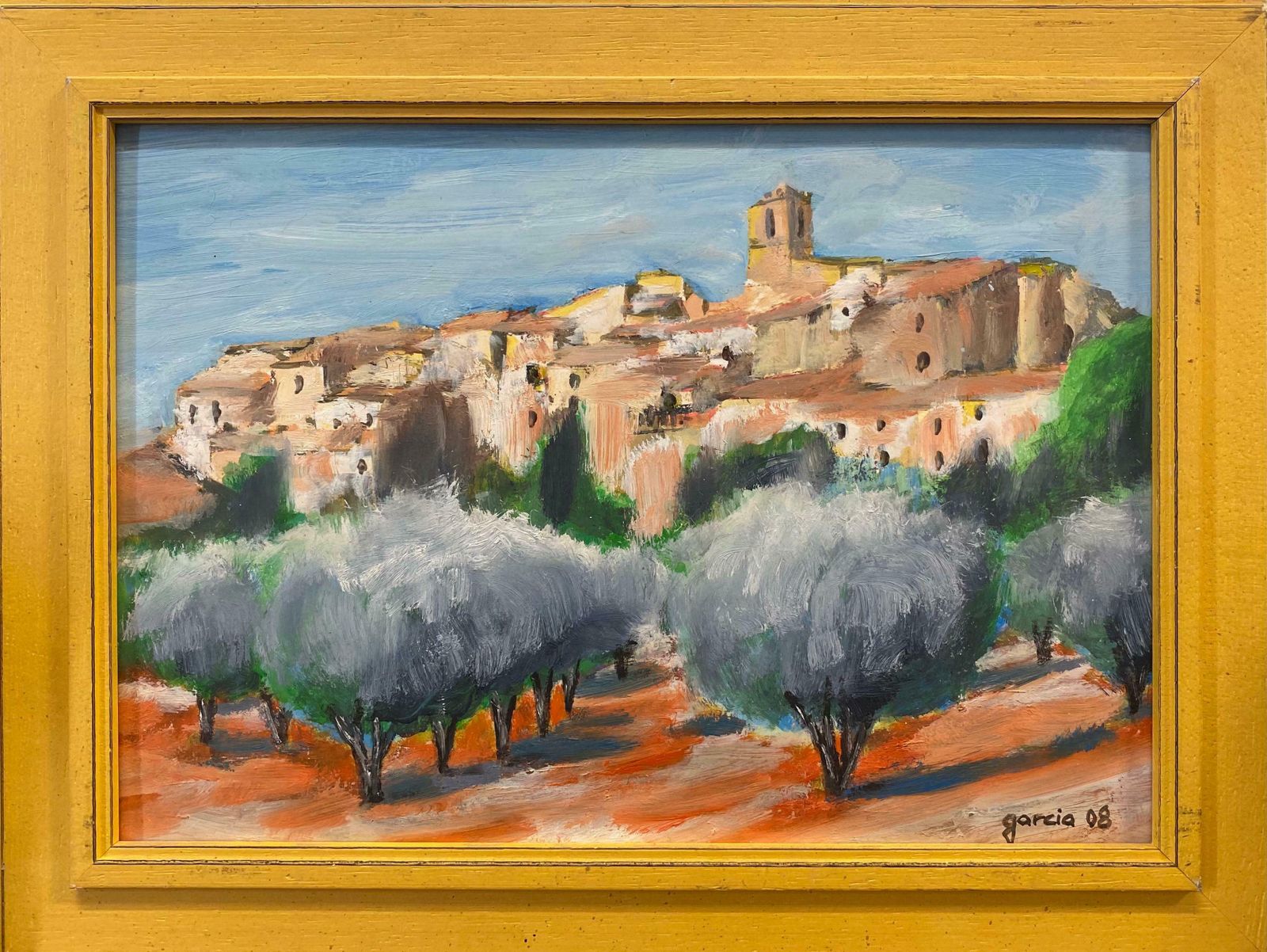 Spanish Oilsun Scorched Spanish Hill Top Perched Village, Signed Oil Painting photo furniture