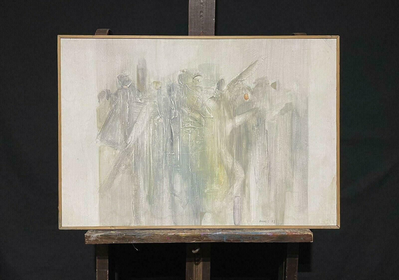Andresfrench Surrealist Oil Painting Cubist Figurative Scene 20th Centuryc. 1970s photo furniture