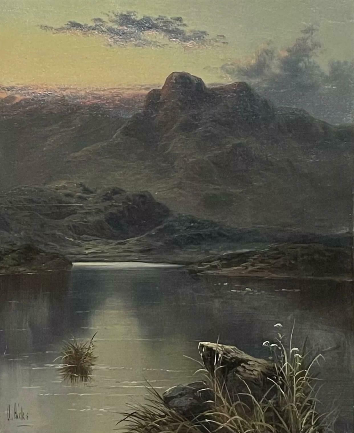 David Hicksfine Victorian Scottish Loch Scene With Mountains, Signed Antique Oil Painting