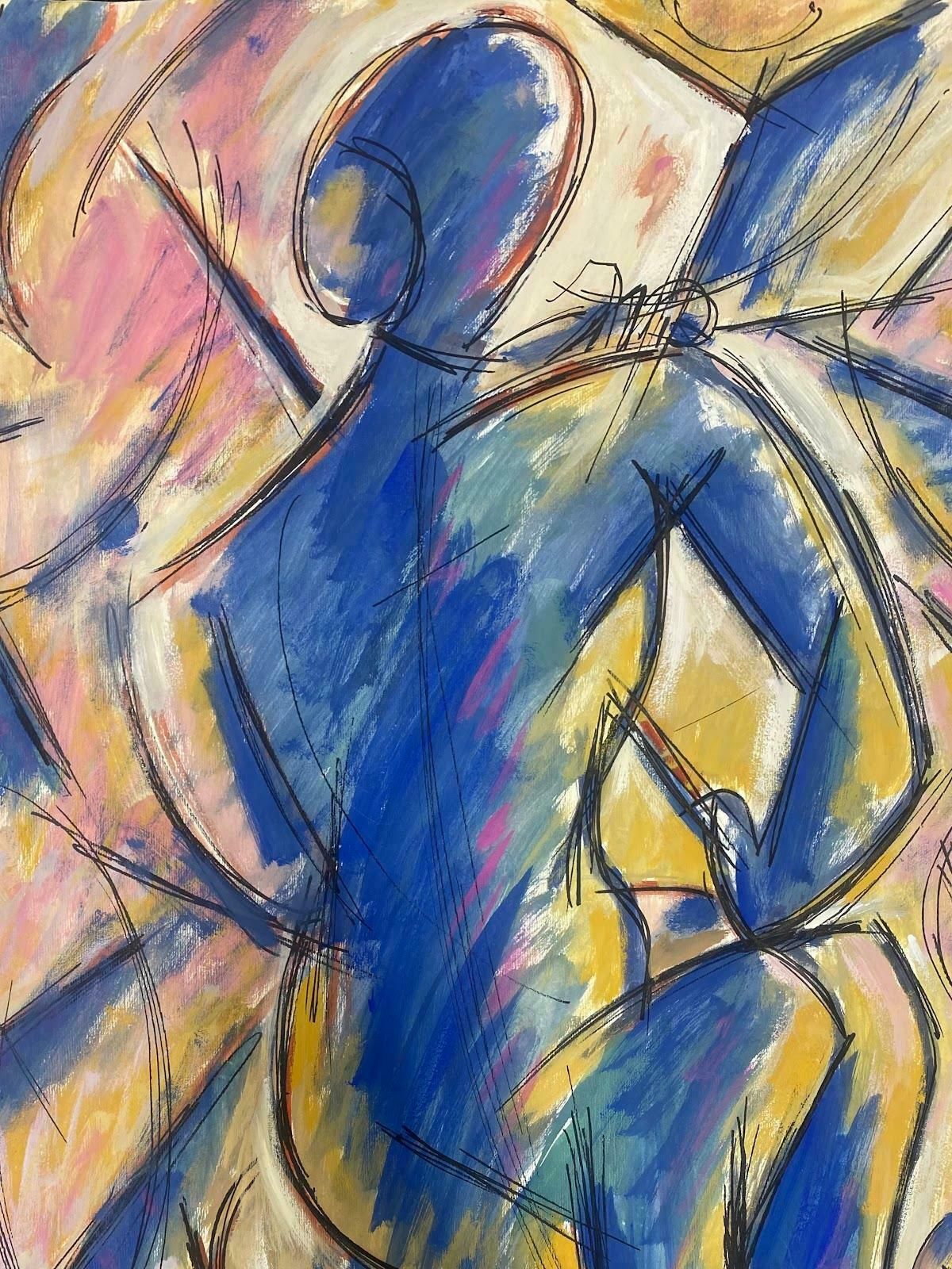 Unknown French Modernist Painting Blue And Pink Abstract Of String Musician  1973 photo furniture
