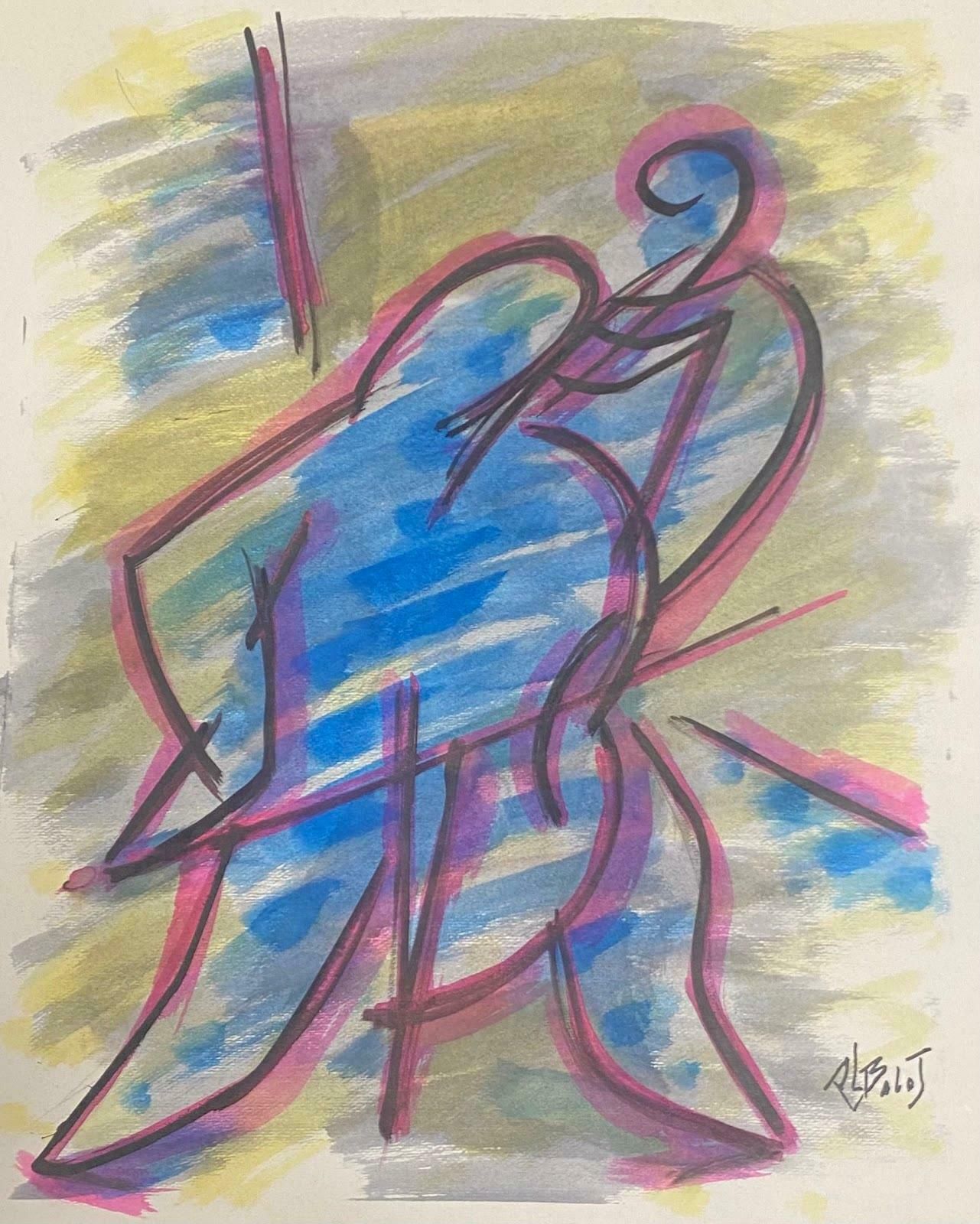 Unknown20th Century French Modernist Gouache Painting Two Figures Instrument Scenec. 1972