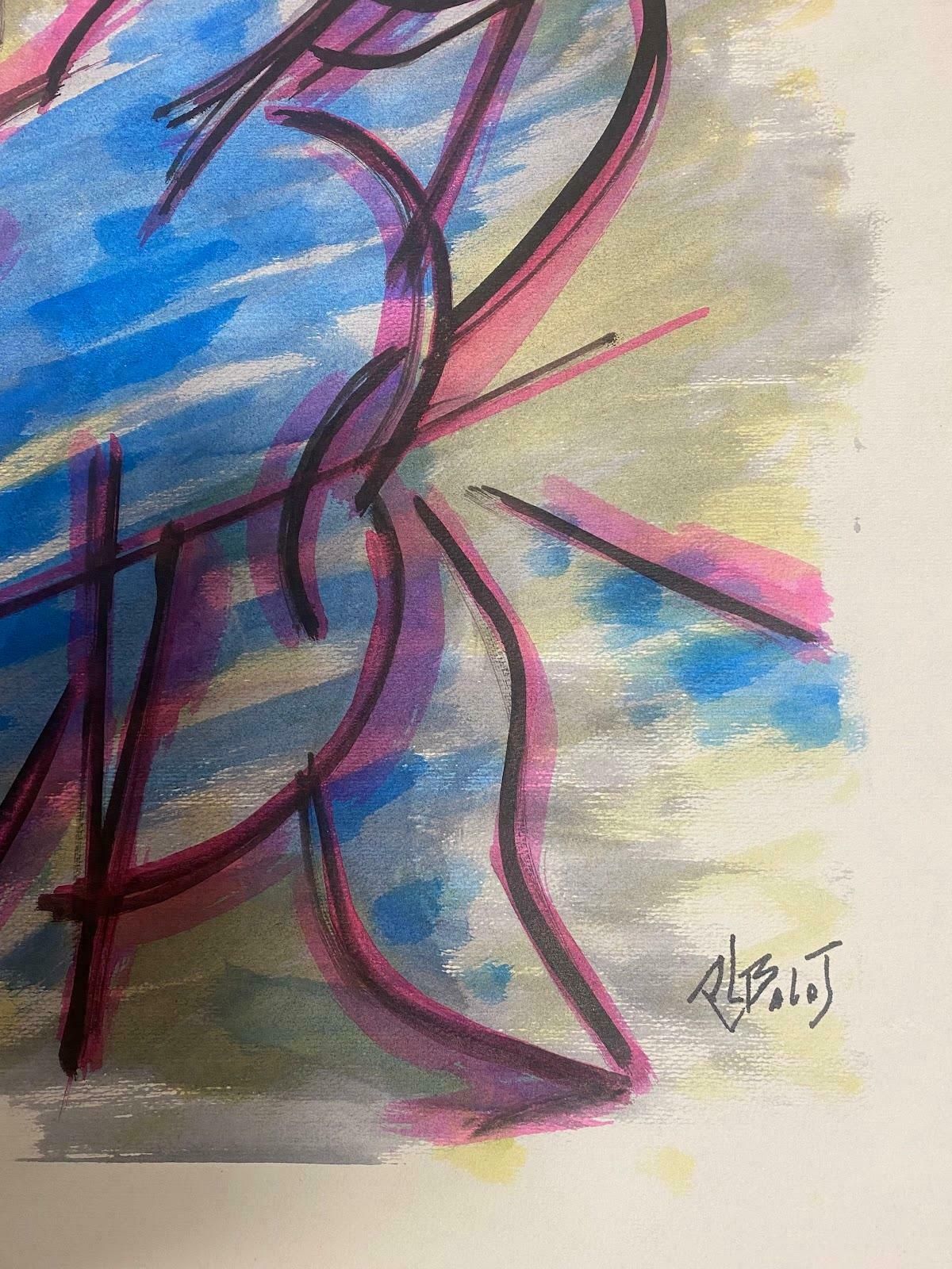 Unknown20th Century French Modernist Gouache Painting Two Figures Instrument Scenec. 1972 photo for sale