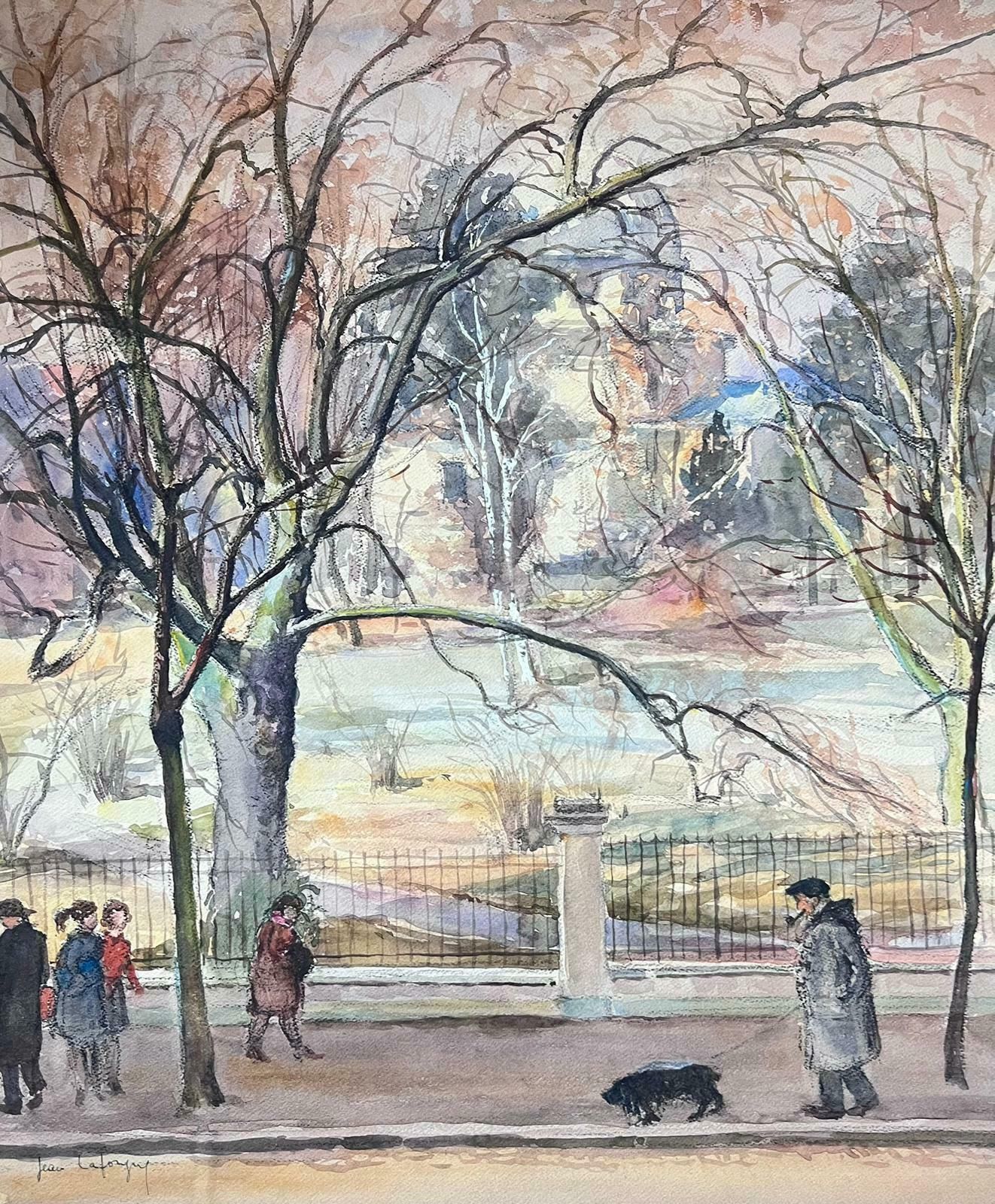 Jean Laforguemid 20th Century French Signed Painting Figures Dog Walking In The Winter Park