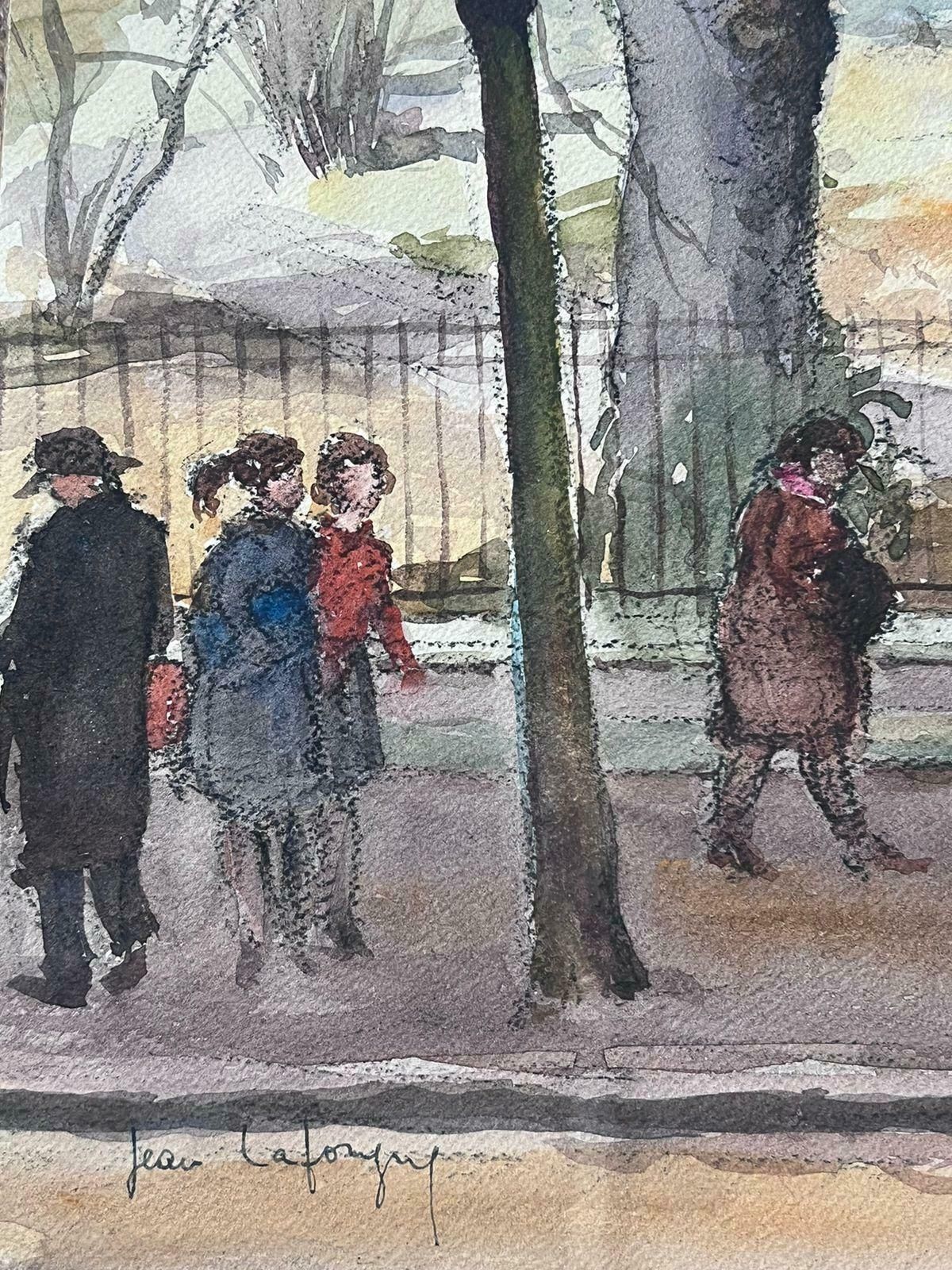Jean Laforguemid 20th Century French Signed Painting Figures Dog Walking In The Winter Park photo vinterior