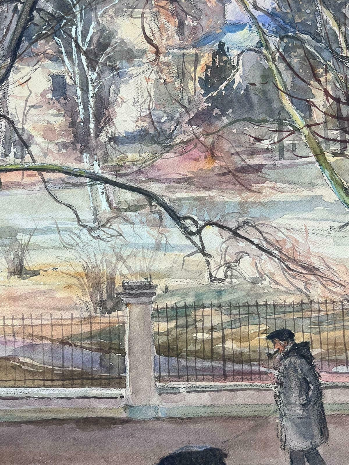 Jean Laforguemid 20th Century French Signed Painting Figures Dog Walking In The Winter Park photo vintage